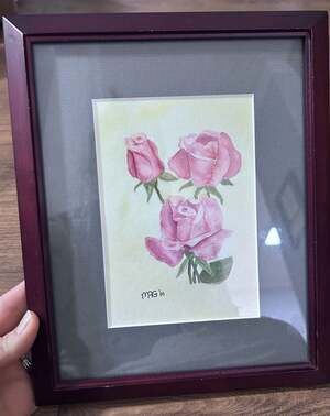 Original Watercolor Painting of Pink Roses Signed MAG '10 in Framed Gallery